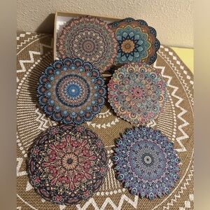 🆕 6 Mandala Pattern Wood Bohemian Coasters Set